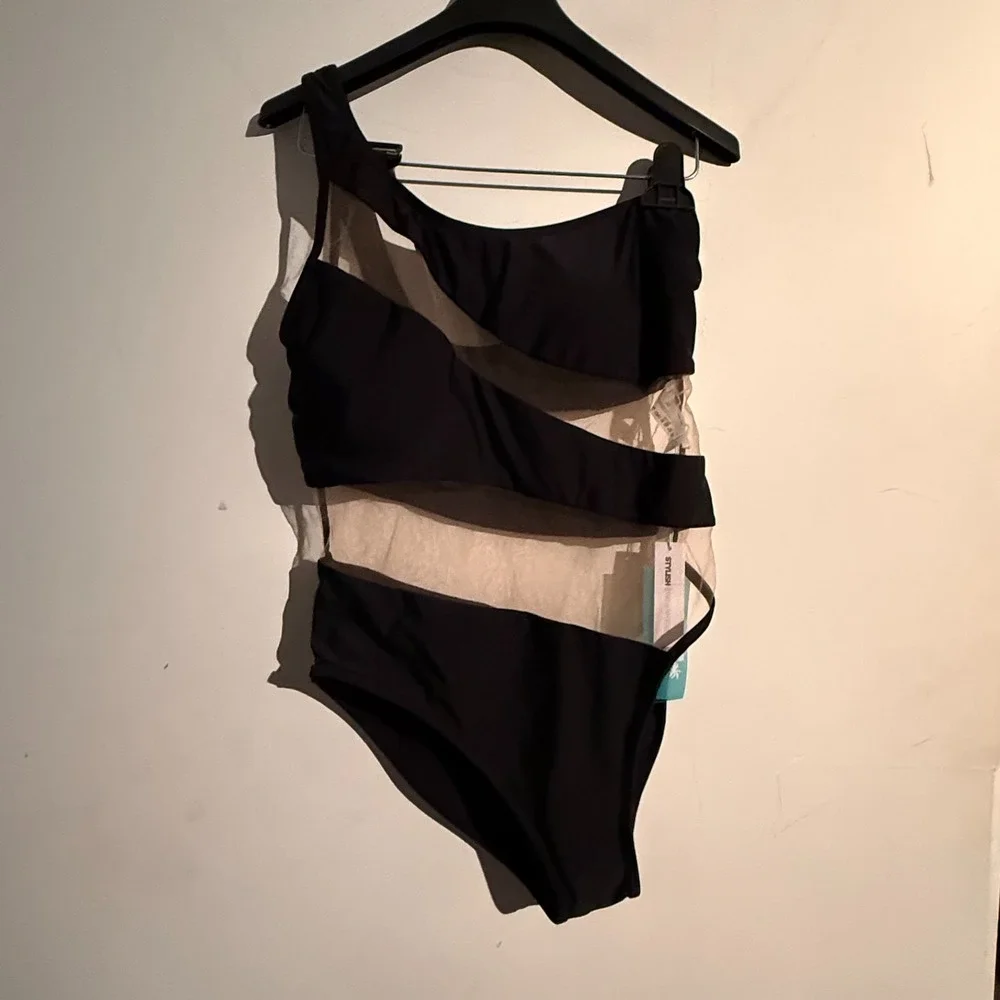 One piece Swim Suit Size Large One Shoulder Mesh Peekaboo Black‎ NWT